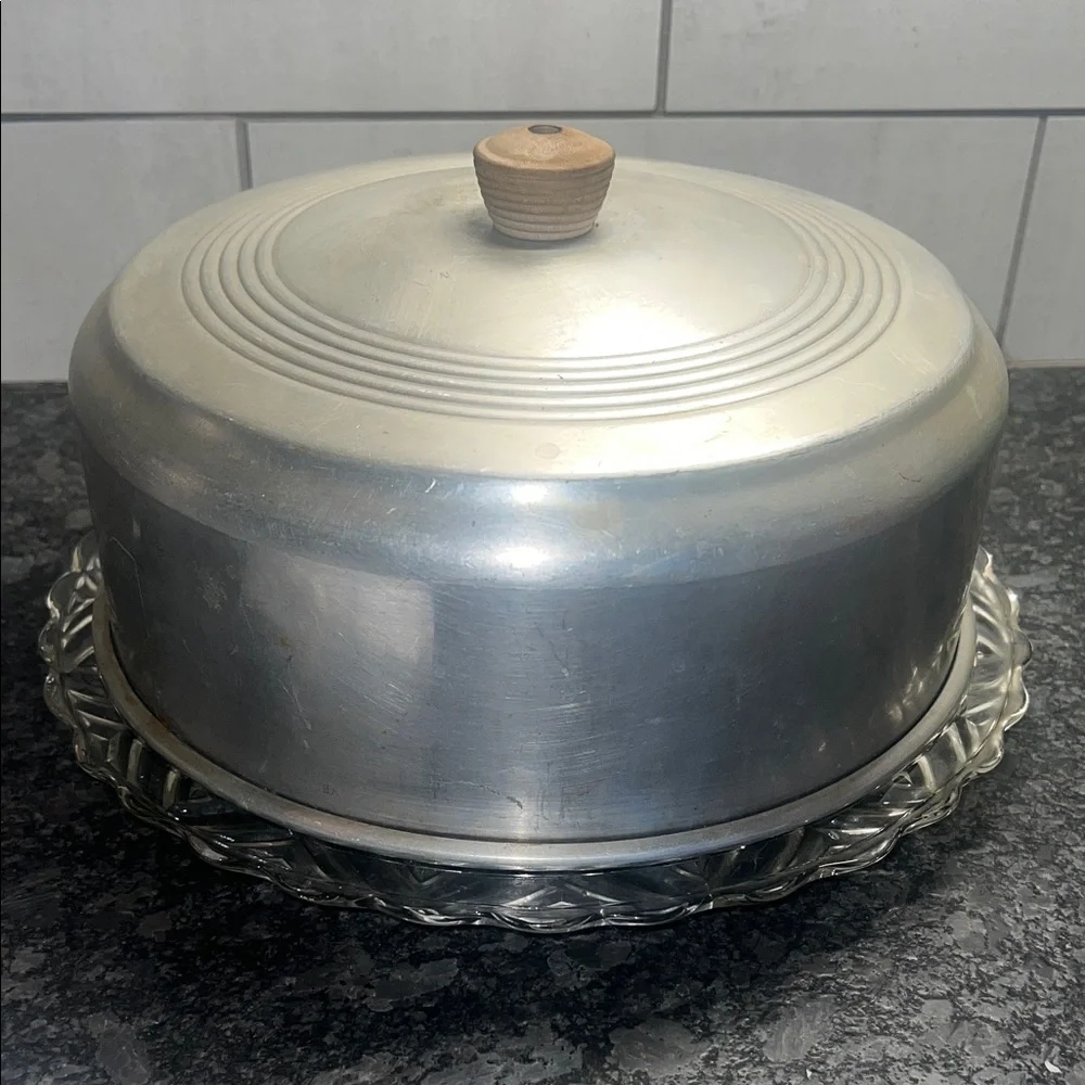 Aluminum Cake Dish and Dome with Wooden Knob.